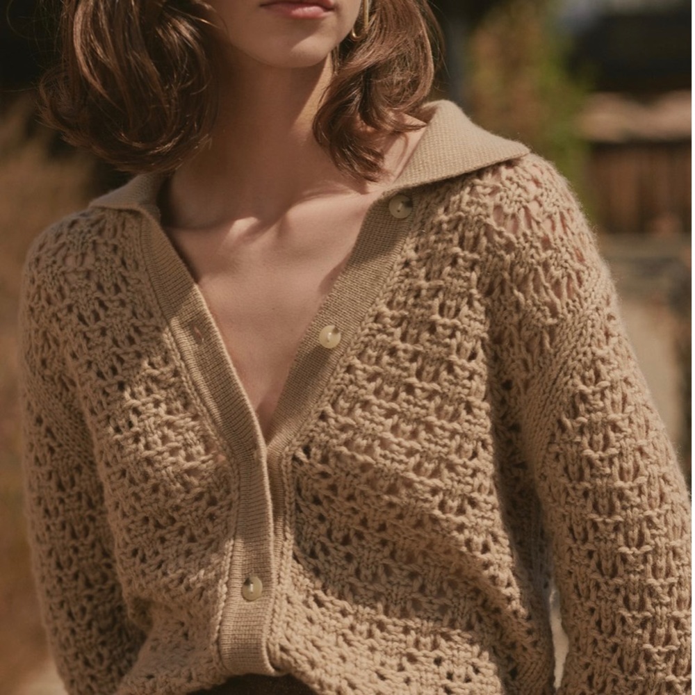 VINCE New $375 Crochet Cashmere Wool Cardigan Sweater Women's size S Tan